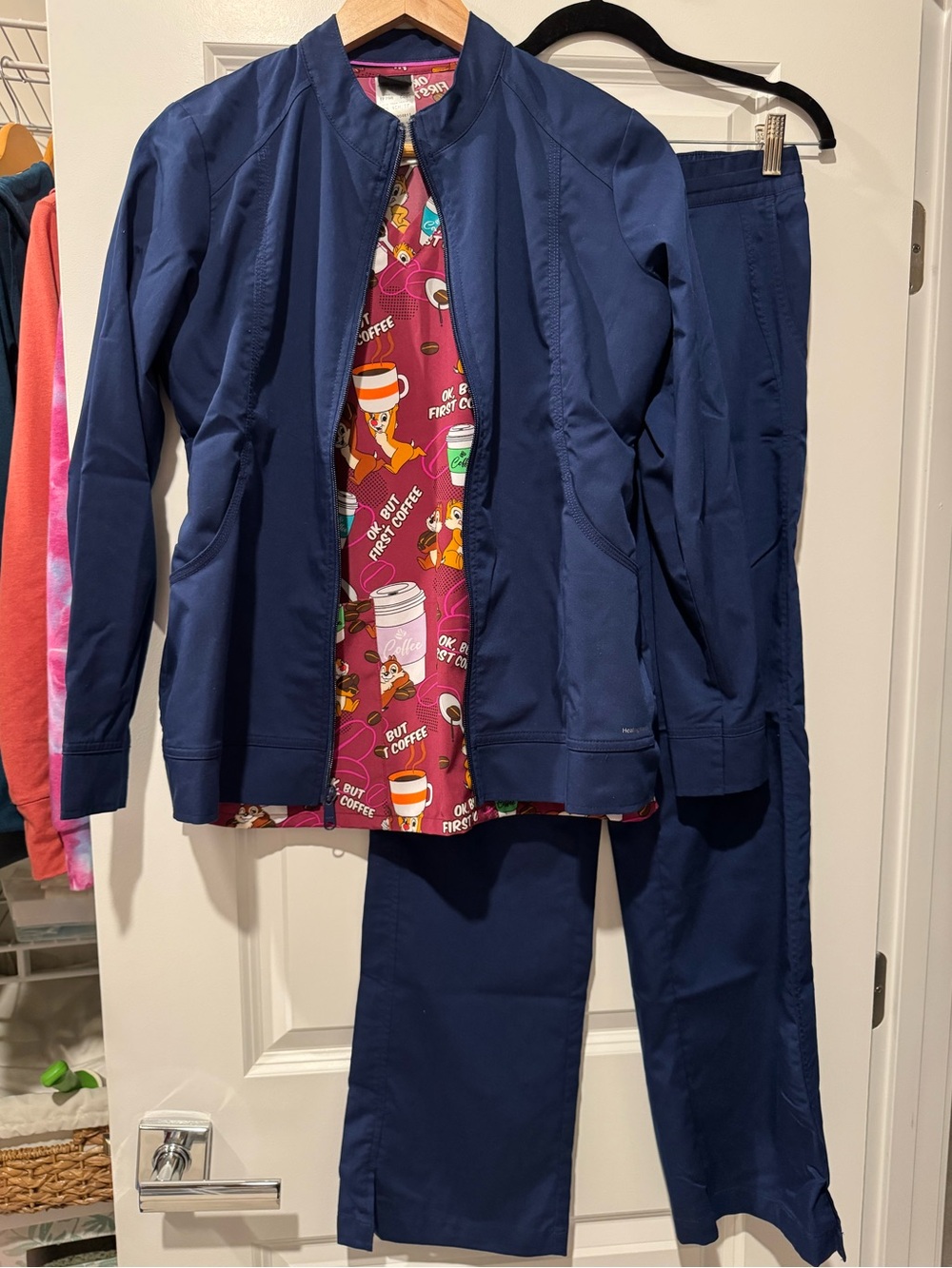 XS 3Pc Scrub Set Chip n’ Dale But Coffee First Healing Hands Navy Pants & Jacket